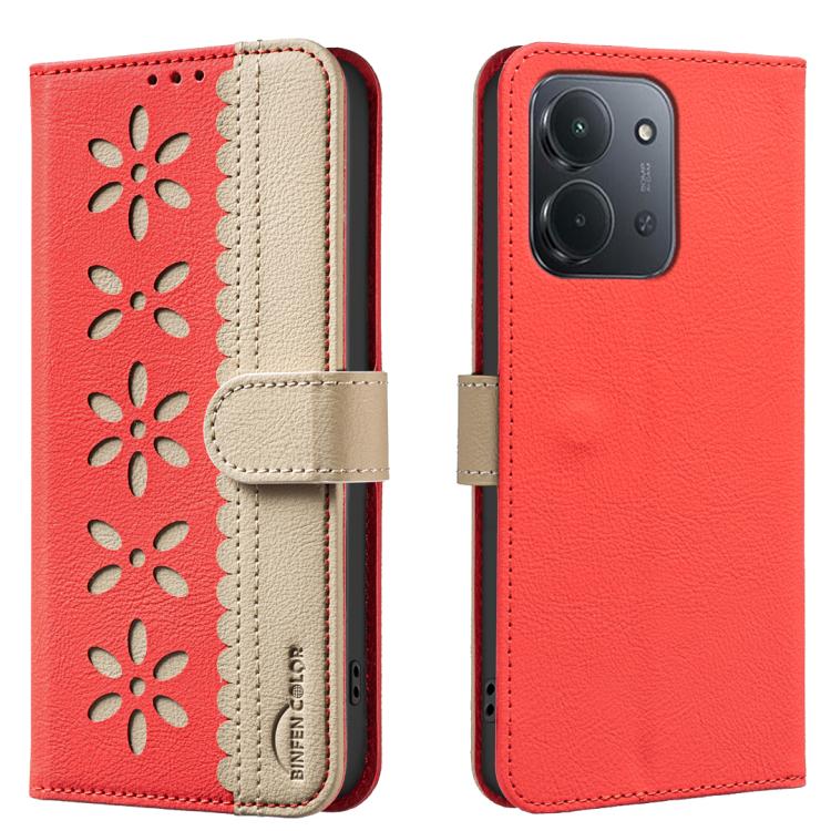 

For Redmi 15C 5G/4G EU 173mm/Poco C85 5G Splicing Color Hollow Flower Pattern RFID Leather Phone Case(Red)