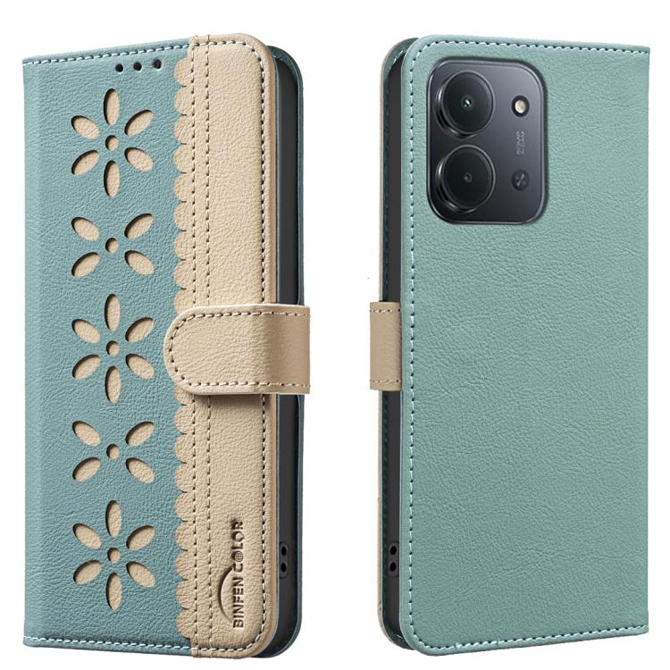 

For Redmi 15C 5G / 4G EU 173mm Splicing Color Hollow Flower Pattern RFID Leather Phone Case(Green)