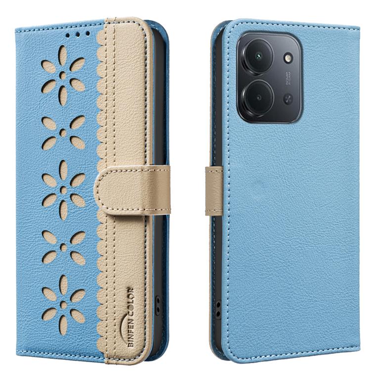 

For Redmi 15C 5G/4G EU 173mm/Poco C85 5G Splicing Color Hollow Flower Pattern RFID Leather Phone Case(Baby Blue)