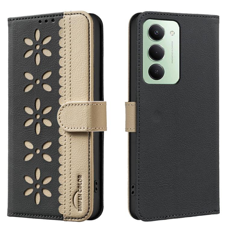 

For Redmi 15 5G Global/15 4G SEA 169.5mm Splicing Color Hollow Flower Pattern RFID Leather Phone Case(Black)