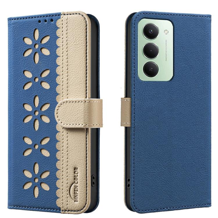 

For Redmi 15 5G Global/15 4G SEA 169.5mm Splicing Color Hollow Flower Pattern RFID Leather Phone Case(Dark Blue)
