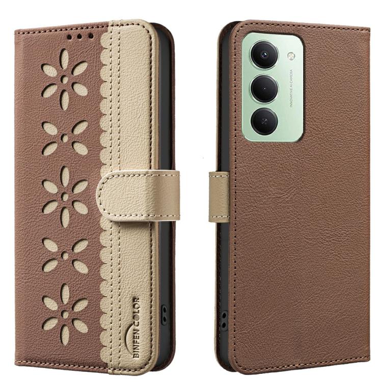 

For Redmi 15 5G Global/15 4G SEA 169.5mm Splicing Color Hollow Flower Pattern RFID Leather Phone Case(Brown)