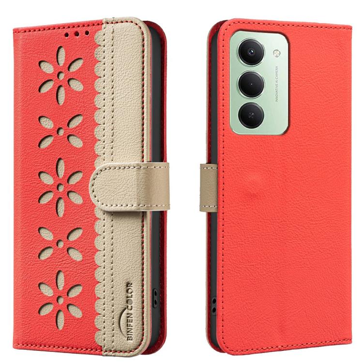 

For Redmi 15 5G Global/15 4G SEA 169.5mm Splicing Color Hollow Flower Pattern RFID Leather Phone Case(Red)