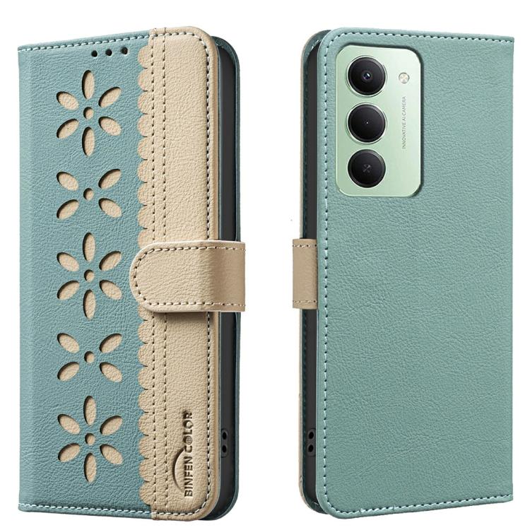 

For Redmi 15 5G Global/15 4G SEA 169.5mm Splicing Color Hollow Flower Pattern RFID Leather Phone Case(Green)
