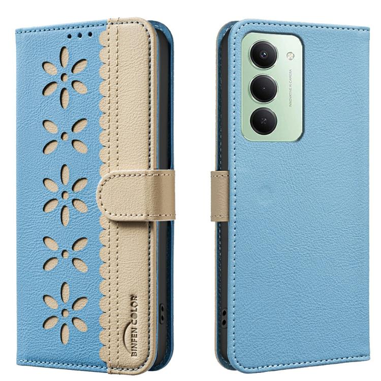 

For Redmi 15 5G Global/15 4G SEA 169.5mm Splicing Color Hollow Flower Pattern RFID Leather Phone Case(Baby Blue)