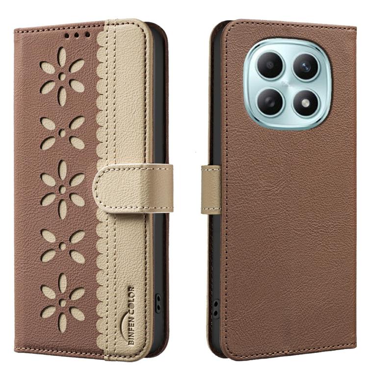 

For Redmi Note 15 Pro 4G Global 163.2mm Splicing Color Hollow Flower Pattern RFID Leather Phone Case(Brown)