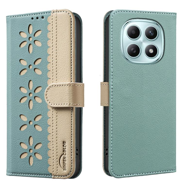 

For Redmi Note 15 Pro 4G Global 163.2mm Splicing Color Hollow Flower Pattern RFID Leather Phone Case(Green)