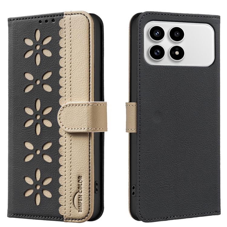 

For Redmi K90/Poco F8 Pro Splicing Color Hollow Flower Pattern RFID Leather Phone Case(Black)