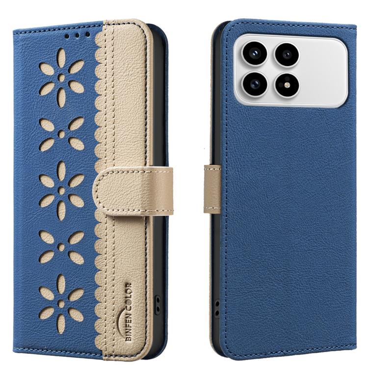 

For Redmi K90/Poco F8 Pro Splicing Color Hollow Flower Pattern RFID Leather Phone Case(Dark Blue)