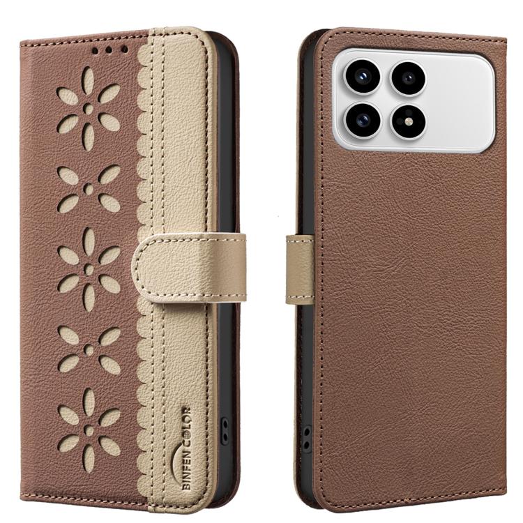 

For Redmi K90/Poco F8 Pro Splicing Color Hollow Flower Pattern RFID Leather Phone Case(Brown)