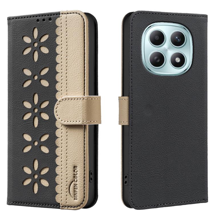 

For Redmi Note 15 5G Global 164mm Splicing Color Hollow Flower Pattern RFID Leather Phone Case(Black)