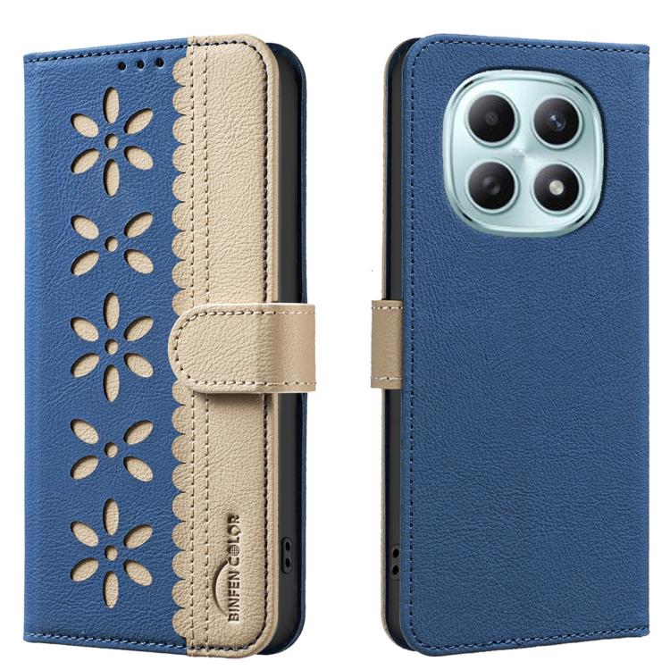 

For Redmi Note 15 5G Global 164mm Splicing Color Hollow Flower Pattern RFID Leather Phone Case(Dark Blue)