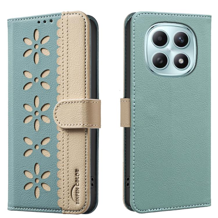 For Redmi Note 15 5G Global 164mm Splicing Color Hollow Flower Pattern RFID Leather Phone Case(Green)