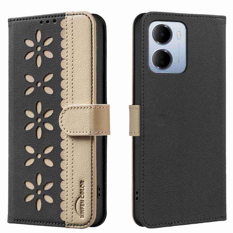 

For Redmi 15a 5G Splicing Color Hollow Flower Pattern RFID Leather Phone Case(Black)