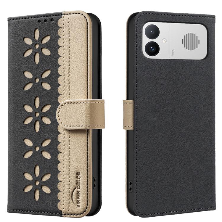 For Redmi K90 Max 5G Splicing Color Hollow Flower Pattern RFID Leather Phone Case(Black)