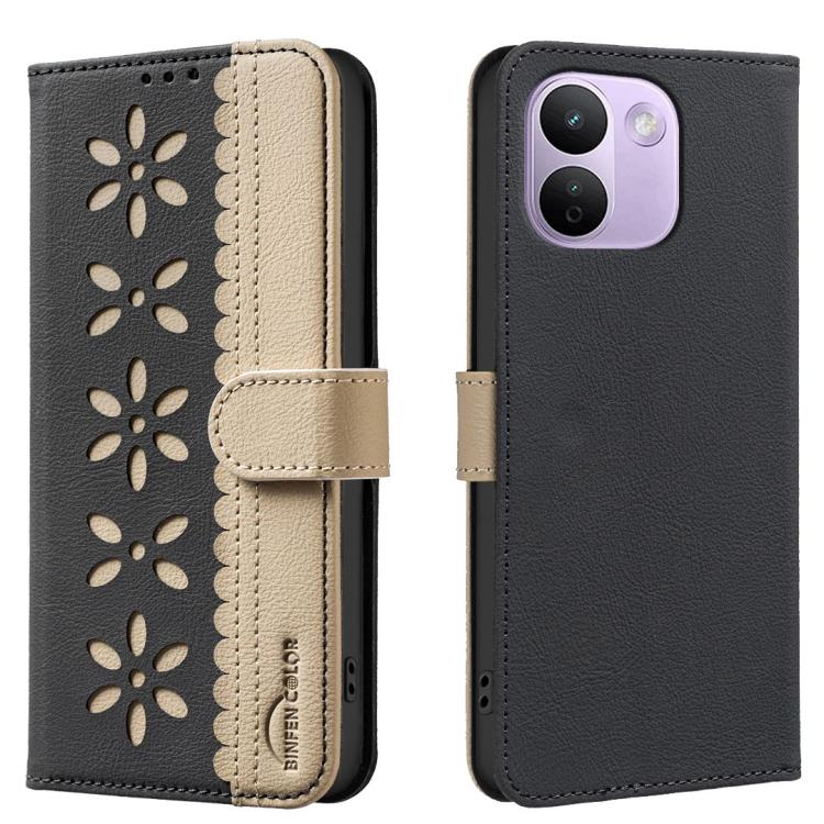 For Redmi Note 17 Pro+ 5G Global 163mm Splicing Color Hollow Flower Pattern RFID Leather Phone Case(Black)