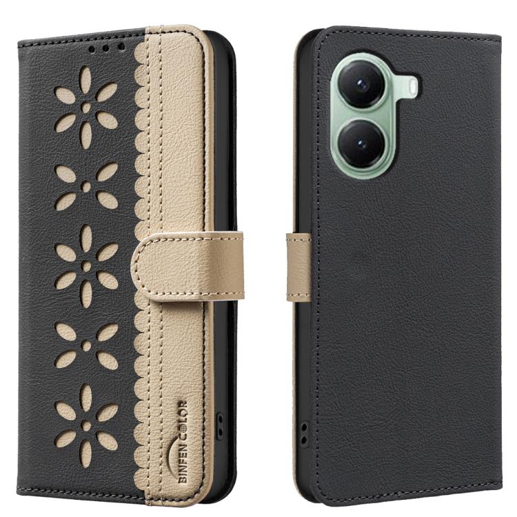 

For Xiaomi Poco X7 Pro Splicing Color Hollow Flower Pattern RFID Leather Phone Case(Black)