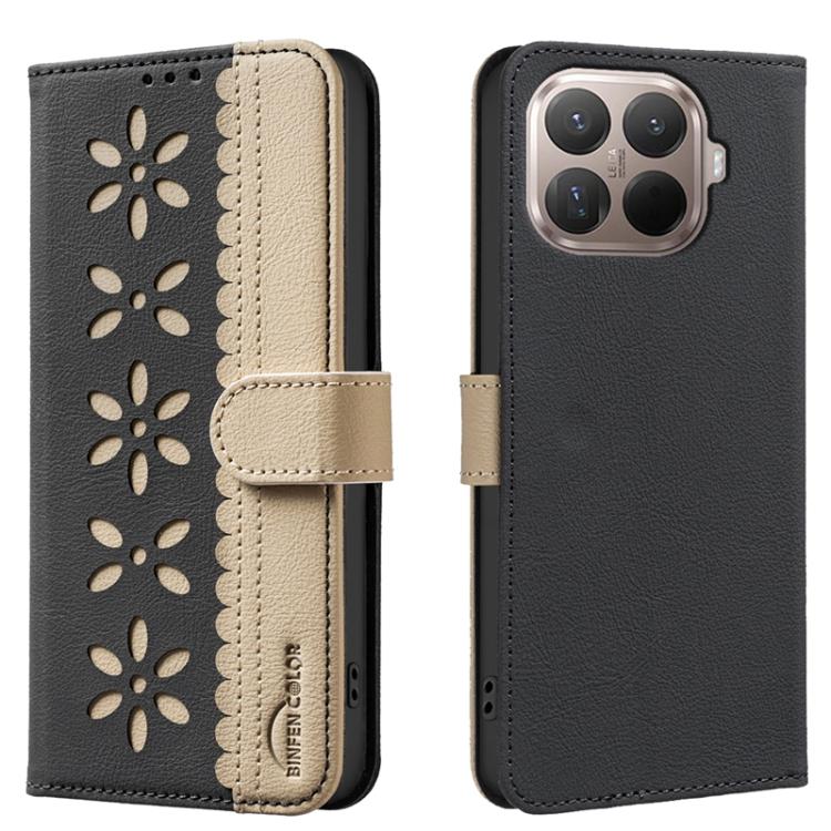 

For Xiaomi 15T Pro 5G Splicing Color Hollow Flower Pattern RFID Leather Phone Case(Black)