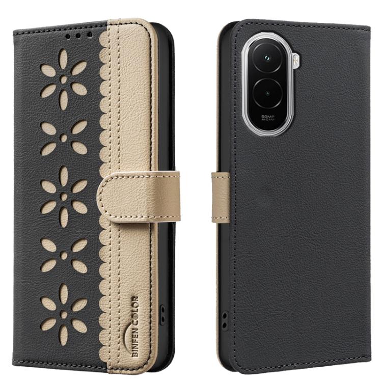 

For Xiaomi Poco M7 4G 169mm Splicing Color Hollow Flower Pattern RFID Leather Phone Case(Black)