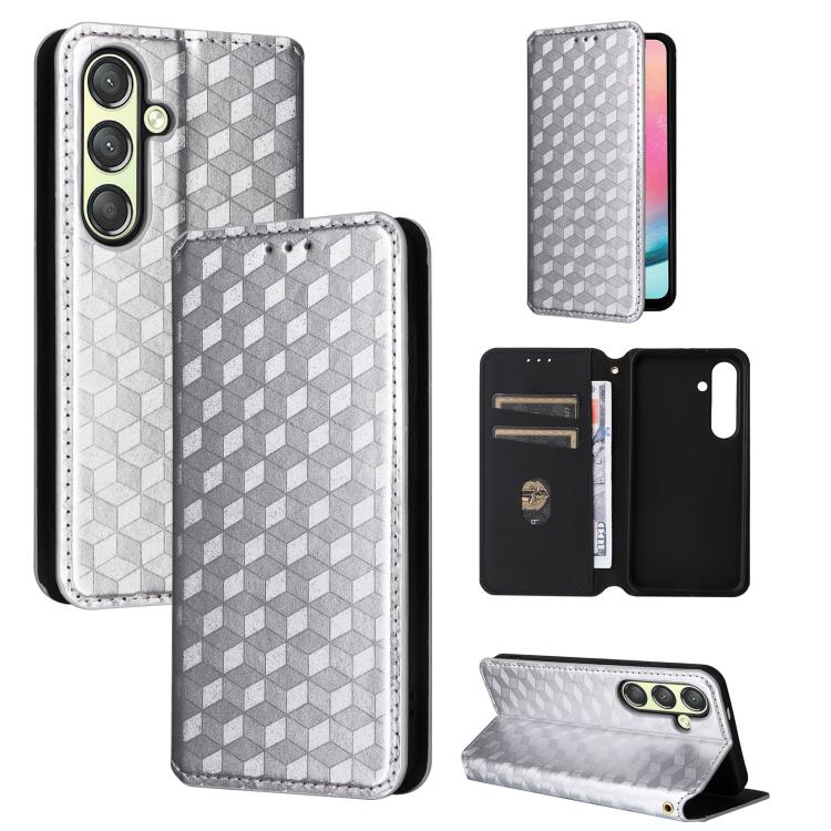 

For Samsung Galaxy S25+ 5G Cubic Grid Texture Flip Leather Phone Case(Silver)