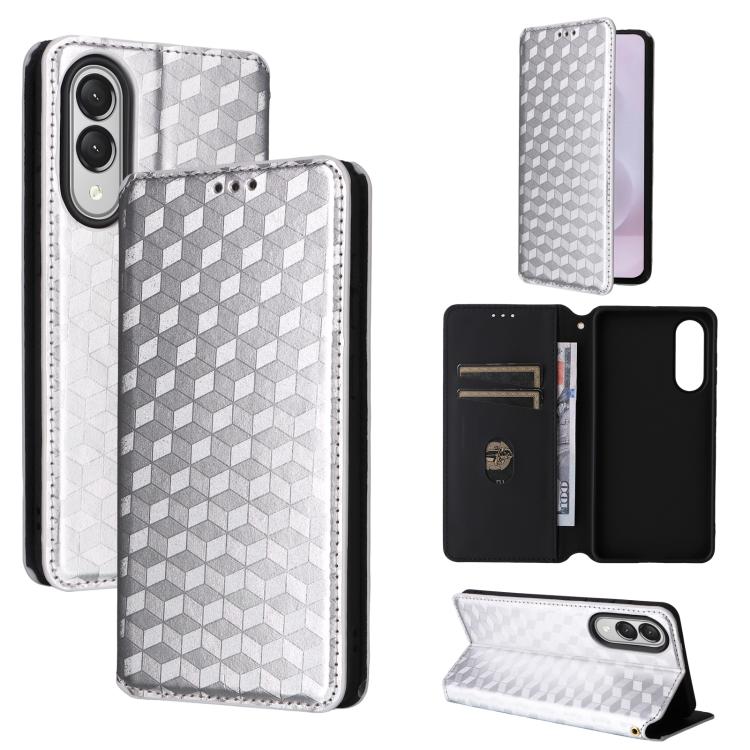 

For Samsung Galaxy S25 Edge 5G Cubic Grid Texture Flip Leather Phone Case(Silver)