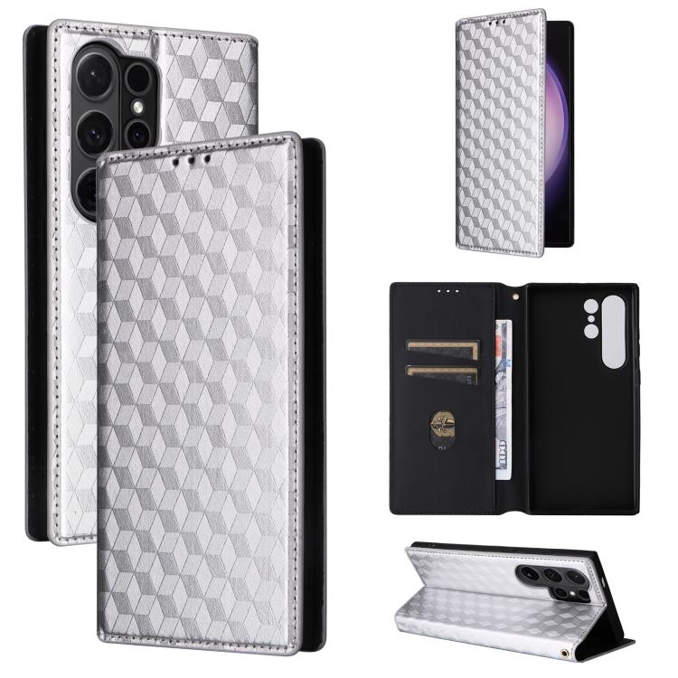 

For Samsung Galaxy S24 Ultra 5G Cubic Grid Texture Flip Leather Phone Case(Silver)