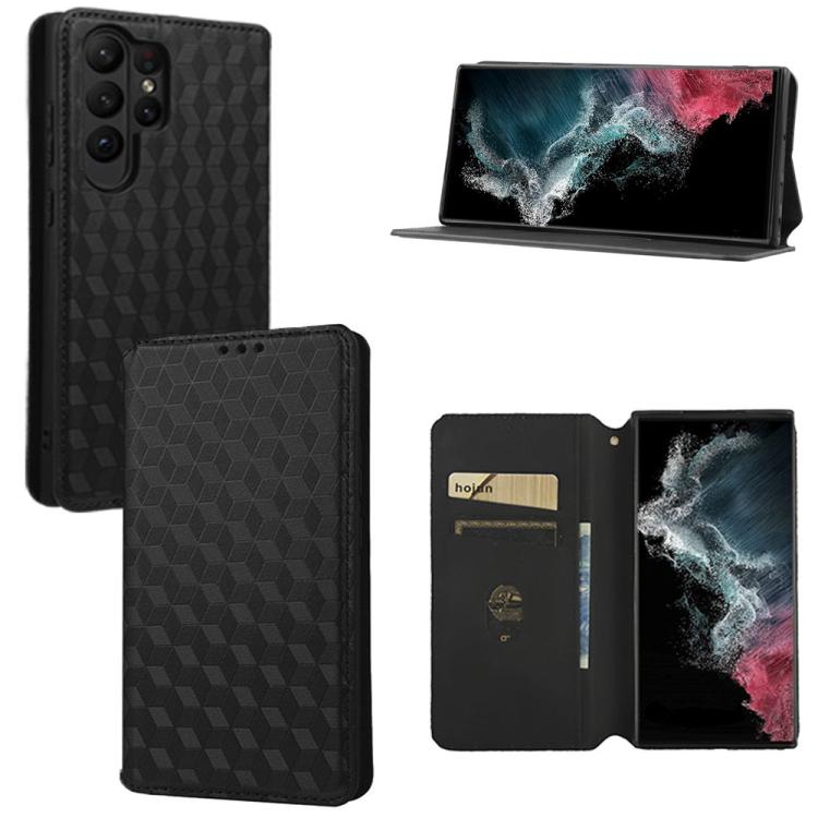 

For Samsung Galaxy S23 Ultra 5G Cubic Grid Texture Flip Leather Phone Case(Black)