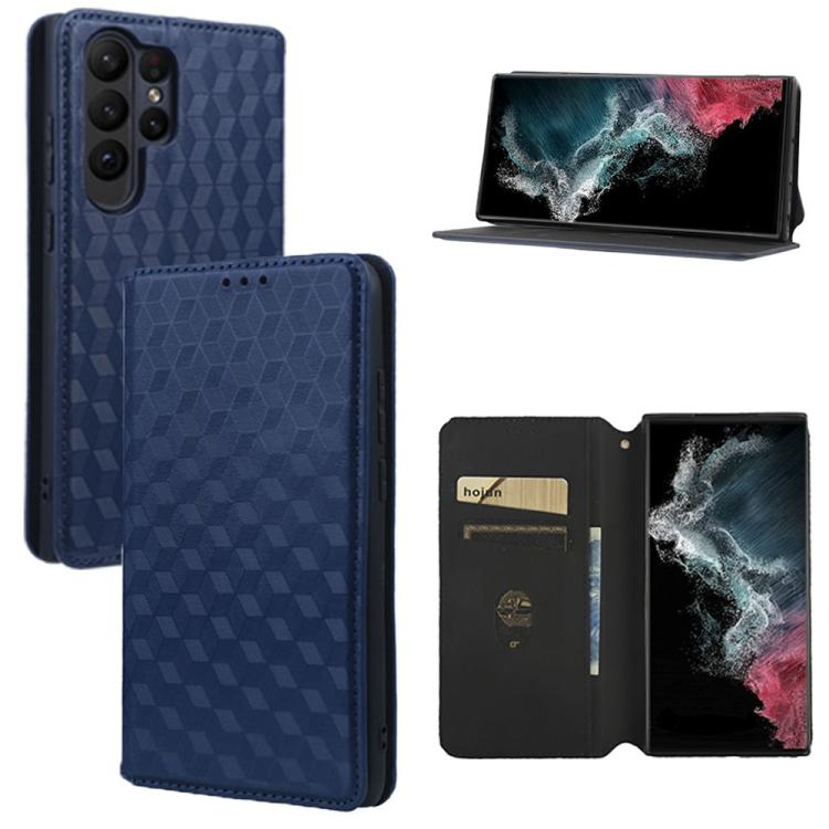 

For Samsung Galaxy S23 Ultra 5G Cubic Grid Texture Flip Leather Phone Case(Blue)