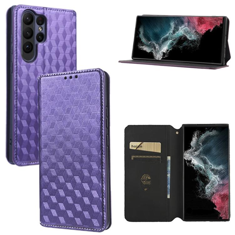 

For Samsung Galaxy S23 Ultra 5G Cubic Grid Texture Flip Leather Phone Case(Purple)