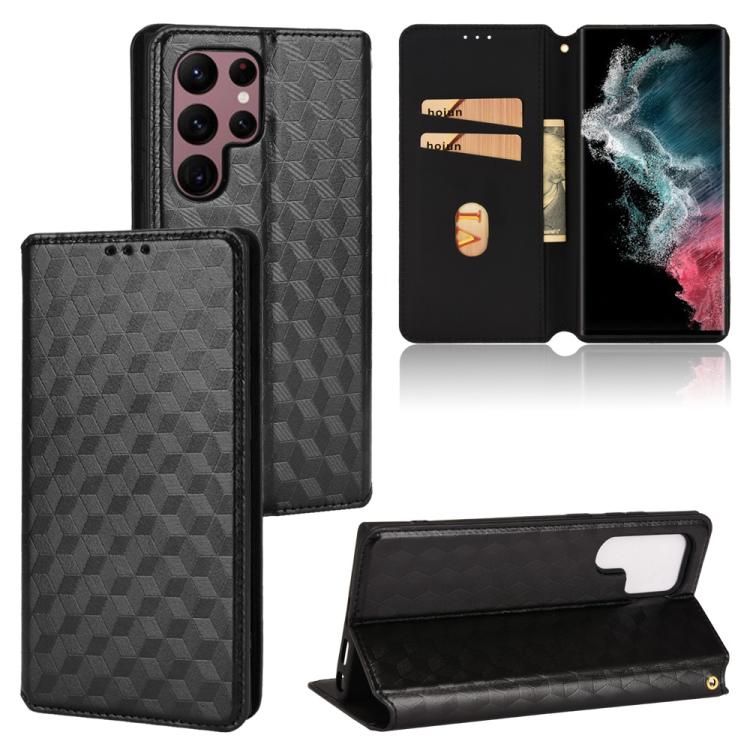 

For Samsung Galaxy S22 Ultra 5G Cubic Grid Texture Flip Leather Phone Case(Black)