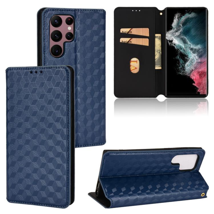 

For Samsung Galaxy S22 Ultra 5G Cubic Grid Texture Flip Leather Phone Case(Blue)