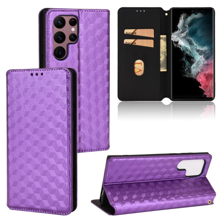 

For Samsung Galaxy S22 Ultra 5G Cubic Grid Texture Flip Leather Phone Case(Purple)