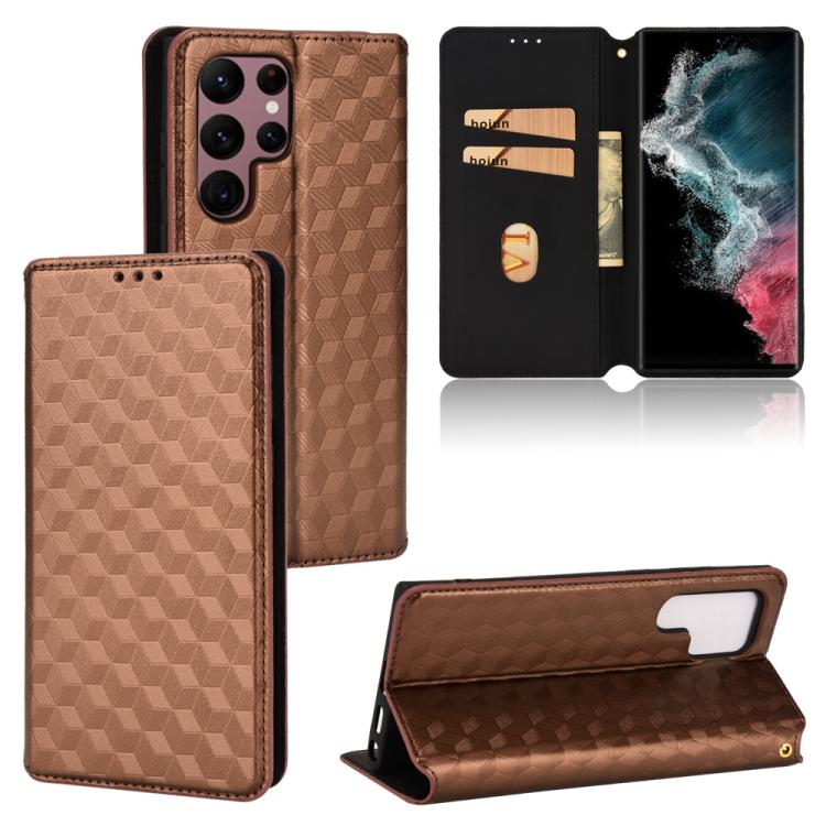 

For Samsung Galaxy S22 Ultra 5G Cubic Grid Texture Flip Leather Phone Case(Brown)