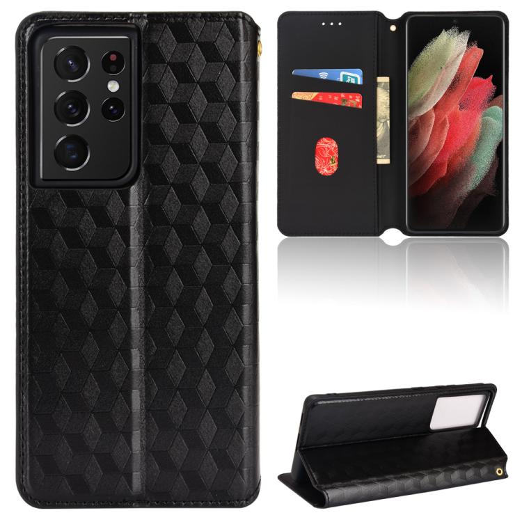 

For Samsung Galaxy S21 Ultra 5G Cubic Grid Texture Flip Leather Phone Case(Black)