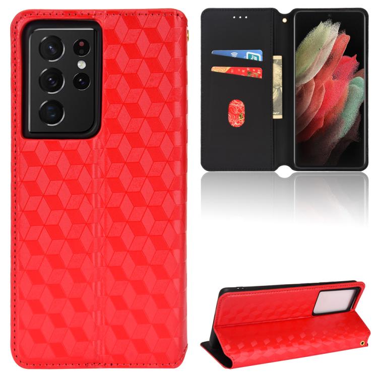 

For Samsung Galaxy S21 Ultra 5G Cubic Grid Texture Flip Leather Phone Case(Red)