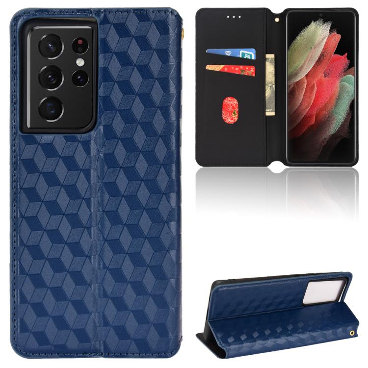 

For Samsung Galaxy S21 Ultra 5G Cubic Grid Texture Flip Leather Phone Case(Blue)