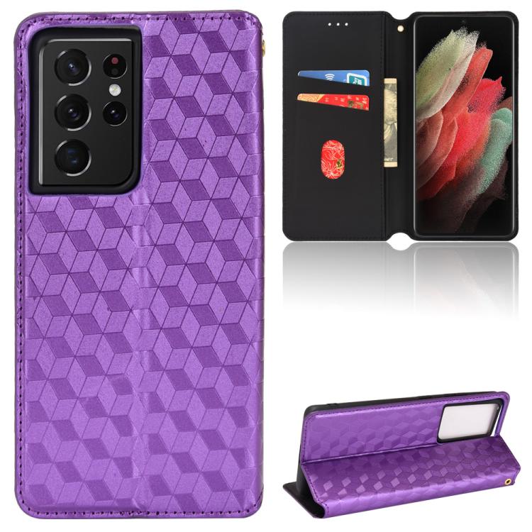 

For Samsung Galaxy S21 Ultra 5G Cubic Grid Texture Flip Leather Phone Case(Purple)