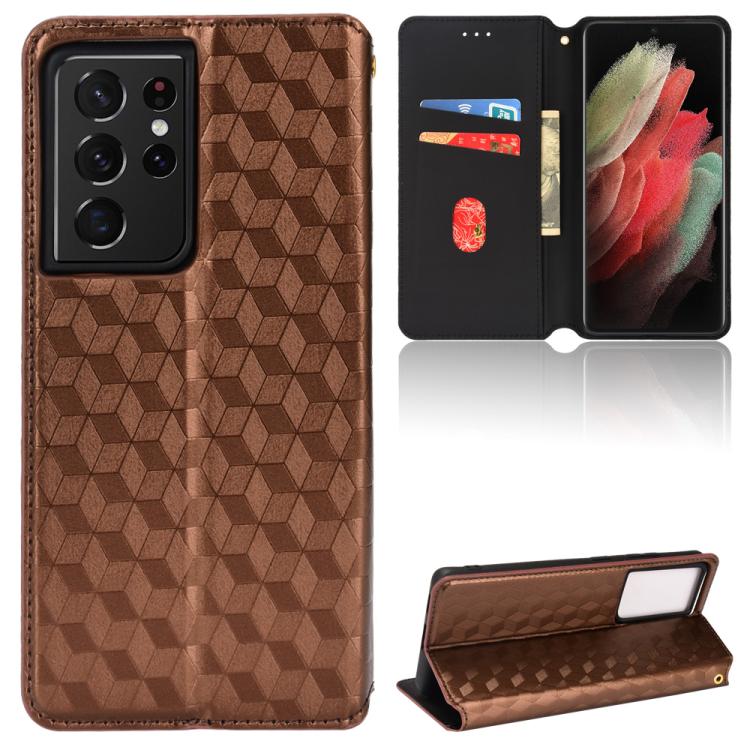 

For Samsung Galaxy S21 Ultra 5G Cubic Grid Texture Flip Leather Phone Case(Brown)