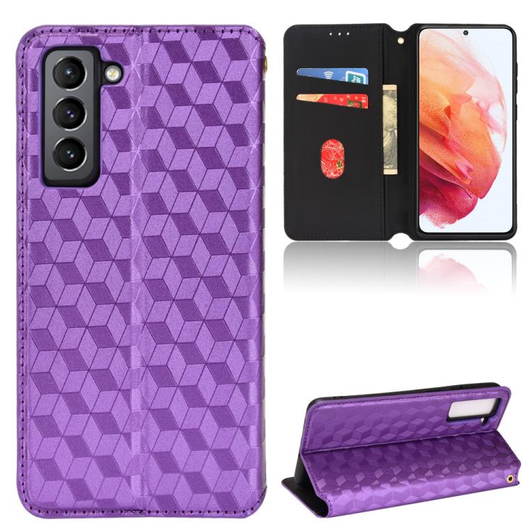 

For Samsung Galaxy S21 5G Cubic Grid Texture Flip Leather Phone Case(Purple)