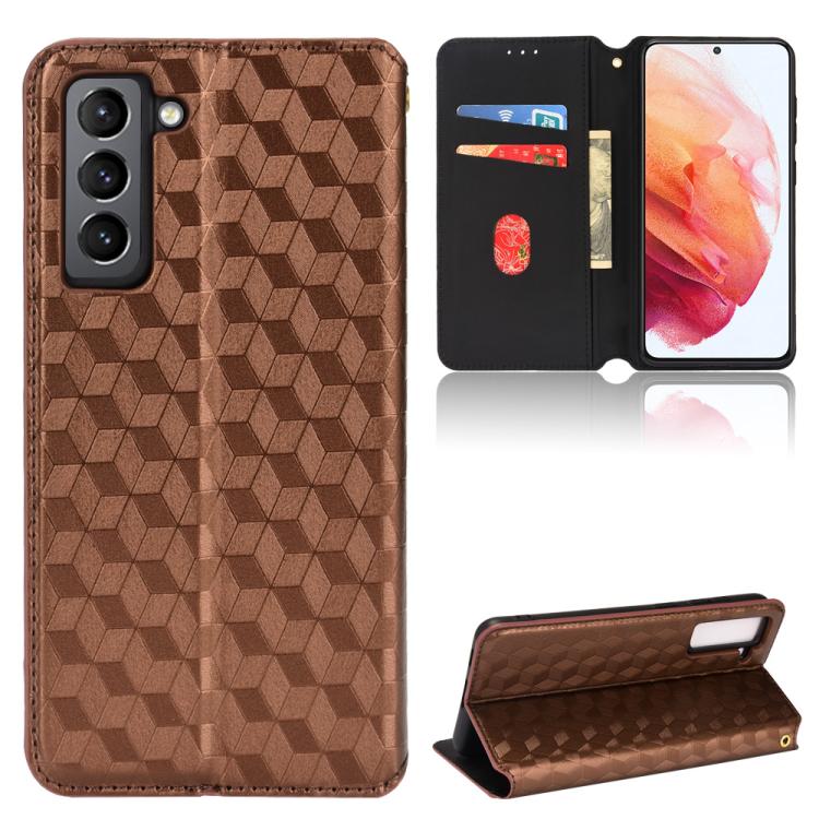 

For Samsung Galaxy S21 5G Cubic Grid Texture Flip Leather Phone Case(Brown)