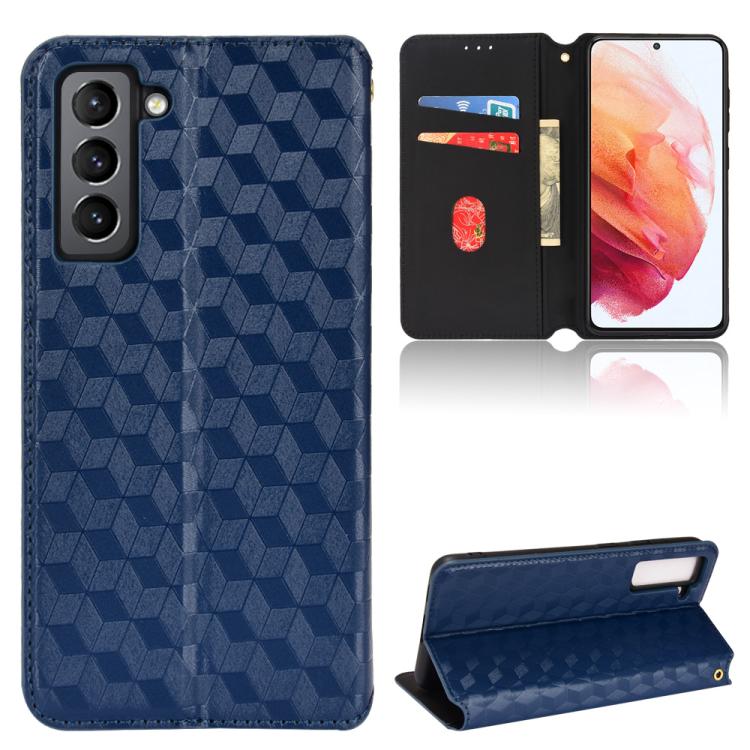 

For Samsung Galaxy S21 FE 5G Cubic Grid Texture Flip Leather Phone Case(Blue)