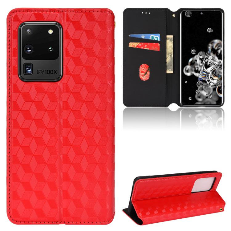 

For Samsung Galaxy S20 Ultra 5G Cubic Grid Texture Flip Leather Phone Case(Red)