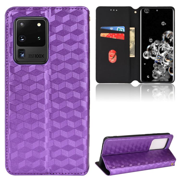 

For Samsung Galaxy S20 Ultra 5G Cubic Grid Texture Flip Leather Phone Case(Purple)