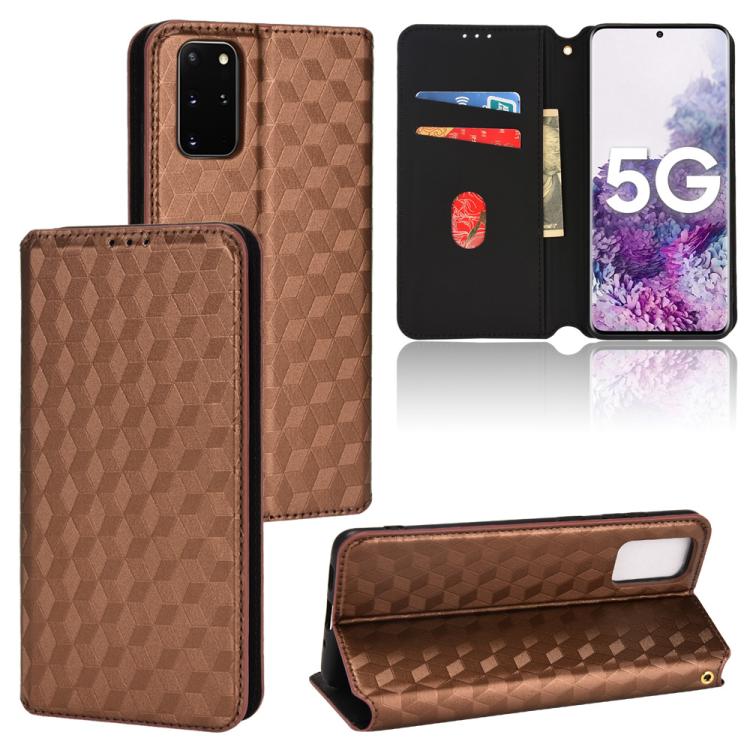 

For Samsung Galaxy S20+ Cubic Grid Texture Flip Leather Phone Case(Brown)