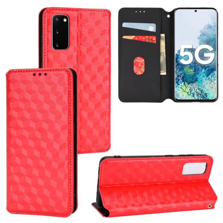 

For Samsung Galaxy S20 Cubic Grid Texture Flip Leather Phone Case(Red)