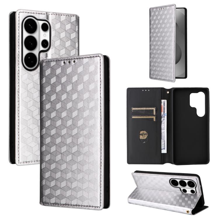 

For Samsung Galaxy S26 Ultra 5G Cubic Grid Texture Flip Leather Phone Case(Silver)