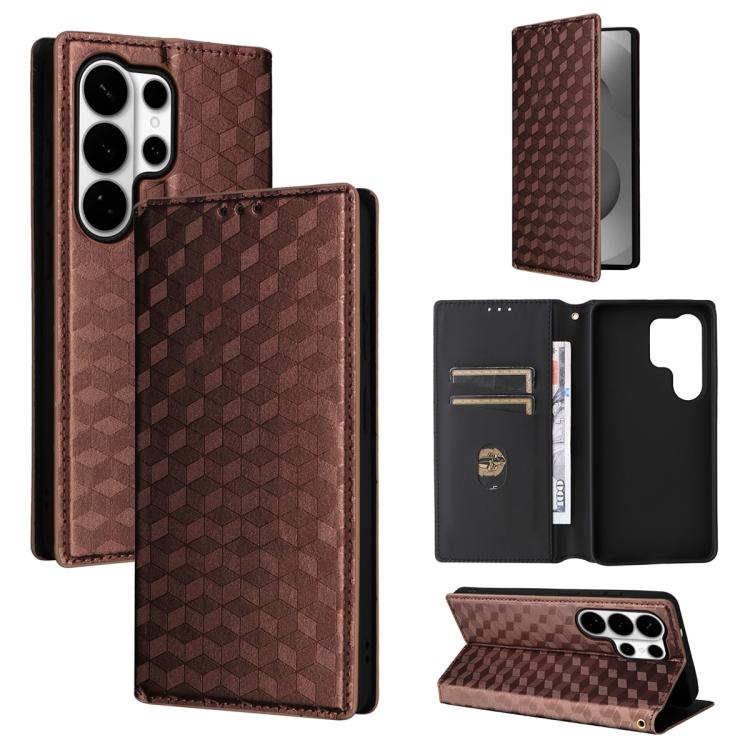For Samsung Galaxy S26 Ultra 5G Cubic Grid Texture Flip Leather Phone Case(Brown)