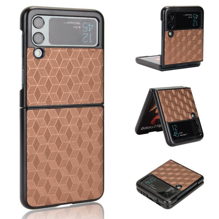 

For Samsung Galaxy Z Flip3 Cubic Grid Texture Leather Back Cover Phone Case(Brown)