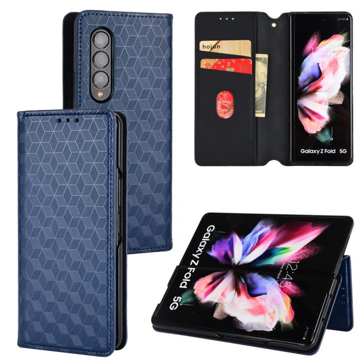 

For Samsung Galaxy Z Fold4 Cubic Grid Texture Flip Leather Phone Case(Blue)
