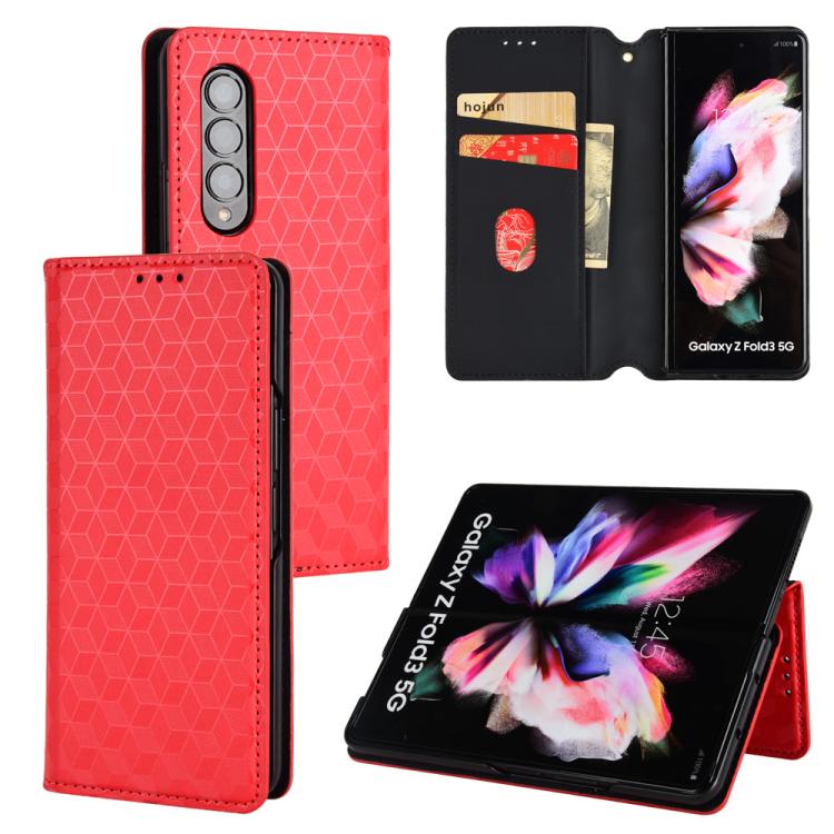 

For Samsung Galaxy Z Fold3 Cubic Grid Texture Flip Leather Phone Case(Red)